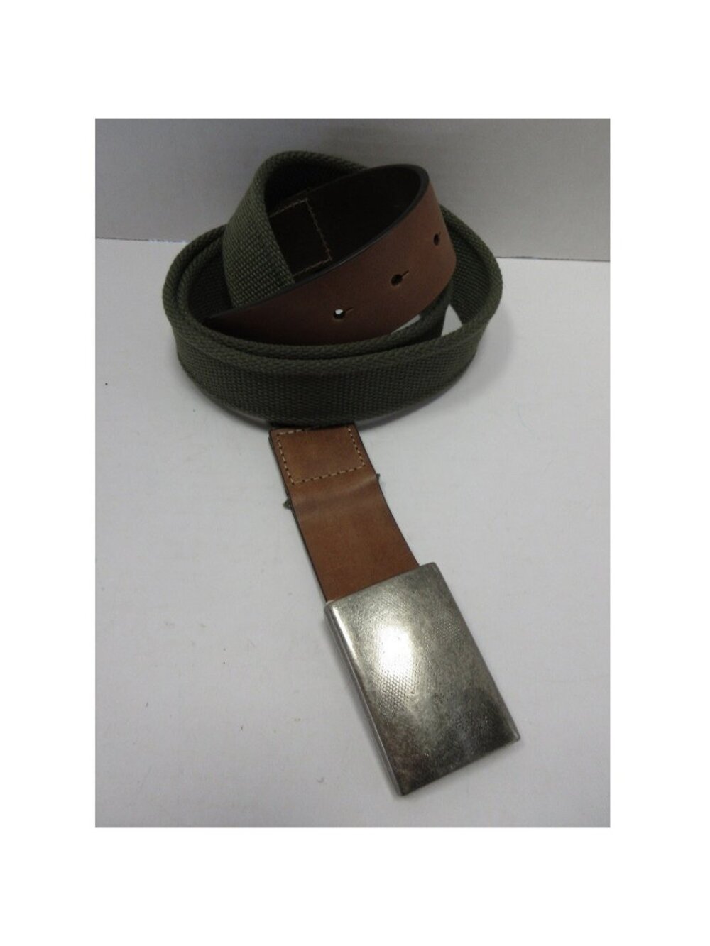 Orvis Belt 46 Webbing Canvas Leather Trim Silver Tone Plaque Buckle